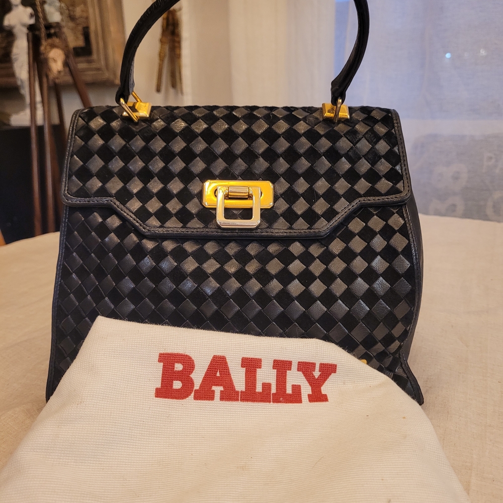 Bally Black Woven Leather Top-Handle Satchel with Gold Hardware $850